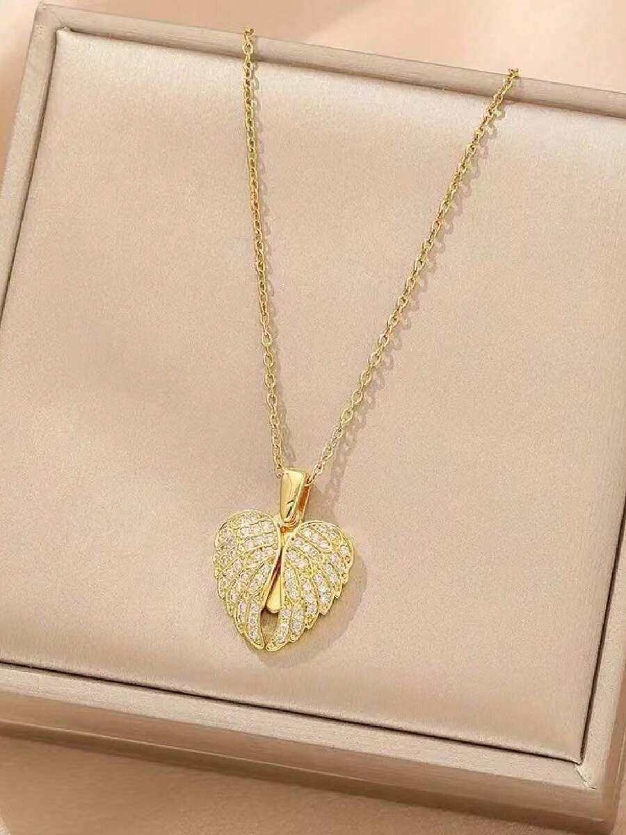 1pc Stainless Steel Micro-Inlaid Zirconia Heart Wing Openable Pendant Necklace, Elegant Luxury Niche Design Clavicle Chain - Gold - View 1