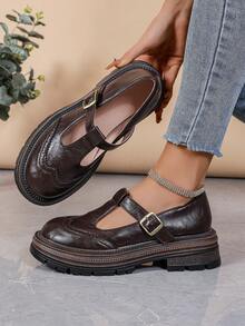 Women's Mary Jane Platform Shoes, Brown, Preppy Style, Suitable For Office Formal Wear, Serrated Edges, Embossed Design, Everyday Wear, And All Seasons. - 棕色心 - 查看 4