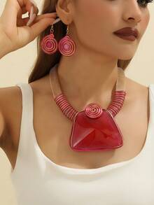 Handmade Aluminum Wire Wrapped Faux Gemstone Round Cabochon Boho Vintage Chic Luxurious Earrings + Necklace Set - Multicolor - View 11