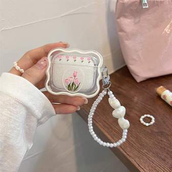 1个可爱韩版波浪边仿珍珠郁金香透明防摔耳机套 + 心形仿珍珠链蓝牙耳机套，兼容苹果1/2/3/Pro/Pro 2代，创意设计，适用于新款4代