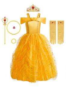 8 件套黄色无袖透明亮片女童装扮服装配饰套装，儿童公主角色扮演连衣裙，派对生日圣诞节万圣节服装 - 黃色 - 查看 9