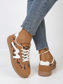 Women's Casual Versatile Leopard Print White Striped Accent Sneakers, Fashion Eye-Catching Comfortable Durable Rubber Soft Sole Athletic Shoes, Breathable Lightweight Patchwork Sports Shoes - 豹紋色 - 查看 5
