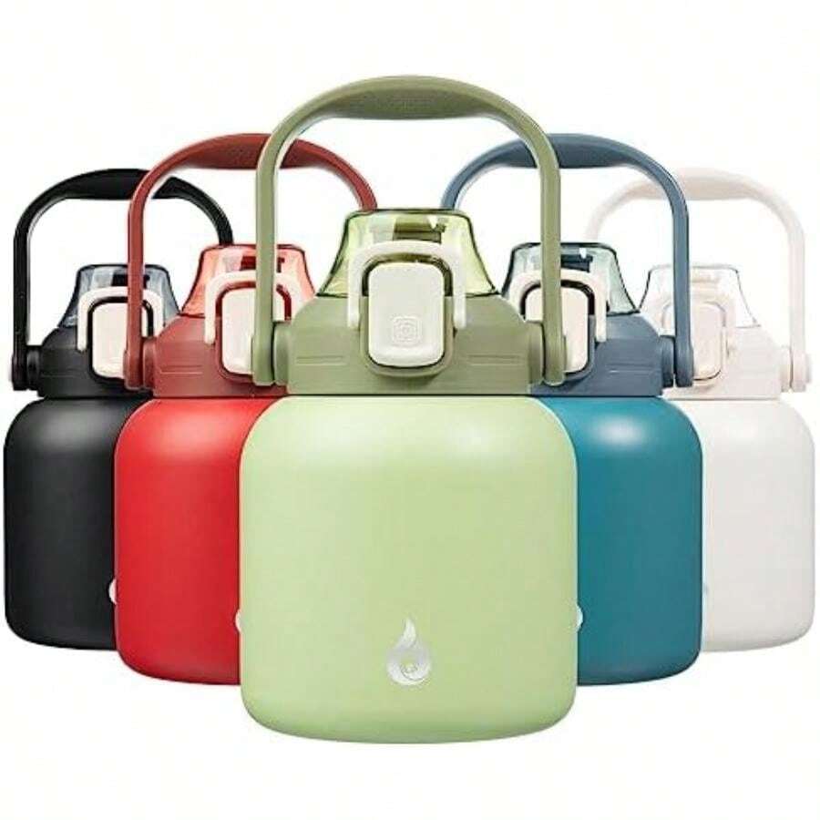 BJPKPK - Botellas de agua aisladas con pajita, 20 onzas lindas botellas de agua con asa, termo de metal de acero inoxidable sin , termo de fácil transporte para hombres y mujeres, color blanco(0.8 Litros 27 ozLight Green) - Multicolor - View 1