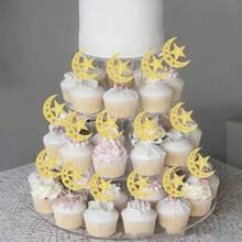 12/24pcs Ramadan Glitter Paper Hollow Moon & Star Cupcake Toppers - Gold - View 6