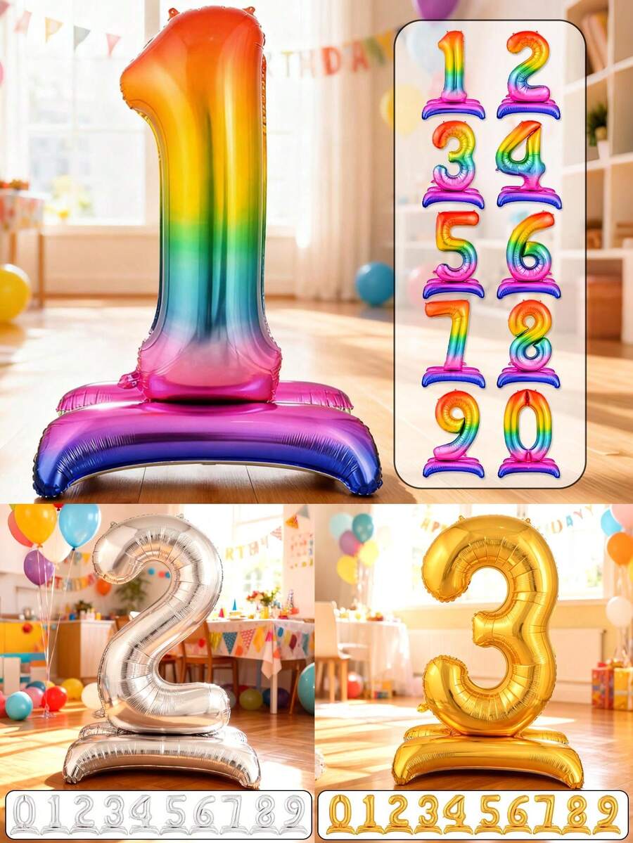 1pc 60-Inch Giant Standing Foil Number Balloon, Gold/Silver/Rainbow Color 0-9 Base Digit Balloons Suitable For Birthday Party, Anniversary, Event, Storefront Display, Family Gathering Decoration - Multicolor - View 1