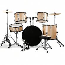 Full Size Adult Drum Set 5-Piece Champagne With Bass Drum, Two Tom Drum, Snare Drum, Floor Tom, 16" Ride Cymbal, 14" Hi-Hat Cymbals, Stool, Drum Pedal, Sticks - 預設 - 查看 6