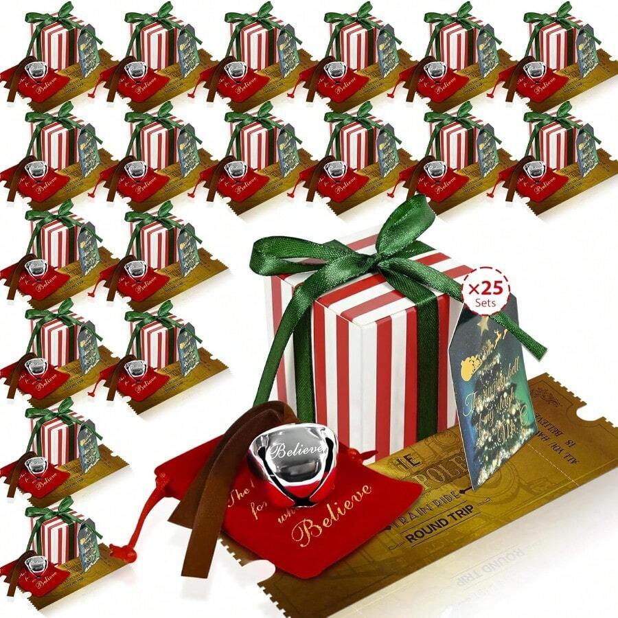The Polar Santa Sleigh Bells Bulk Christmas Believe Bells Billetes de tren dorado regalo de Papá Noel Campana de reno de plata con bolsas de terciopelo rojo etiquetas para adornos de árboles - Pago - Ver 1