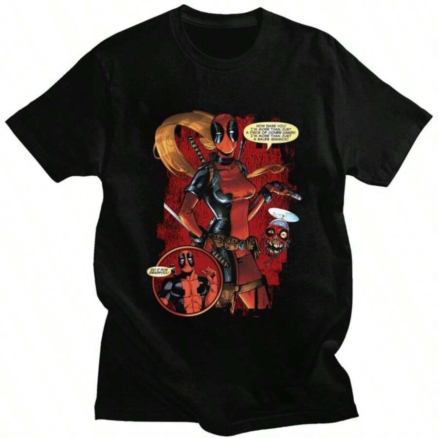 Lady Deadpool Cover Candy T Shirts Harajuku Stylish Cool Men Women Hip Hop Cotton Streetwear Graphic Vintage Cartoon Unisex Tops - 黑色 - 查看 1