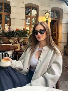 Vestes bomber courtes pour femmes, manches longues, style baseball, mode automne et hiver. Vestes d'aviateur avec boutons, streetwear - Beige - Voir 4