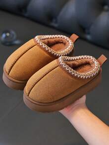 Dép đi trong nhà mùa thu/đông cho trẻ em, thiết kế đơn giản mới, dép đi trong nhà ấm áp cho bé gái, dép đi trong nhà dày dặn, mềm mại cho bé trai - Màu Khaki - Xem 5