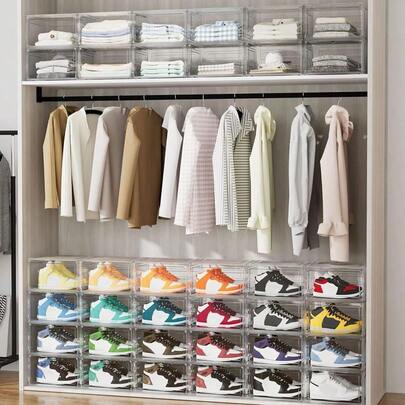 6PCS Shoe Display Box Plastic Shoe Box Storage Containers Stackable Shoe Organizer Shoe Storage Box Magnetic Door ...