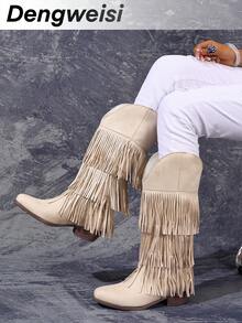 Beige Three-Layer Fringe Slip-On Chunky Low Heel Round Toe New Elegant Versatile Commute Daily Fashion Mid-Calf Boots, Western Boots - Beige - View 1