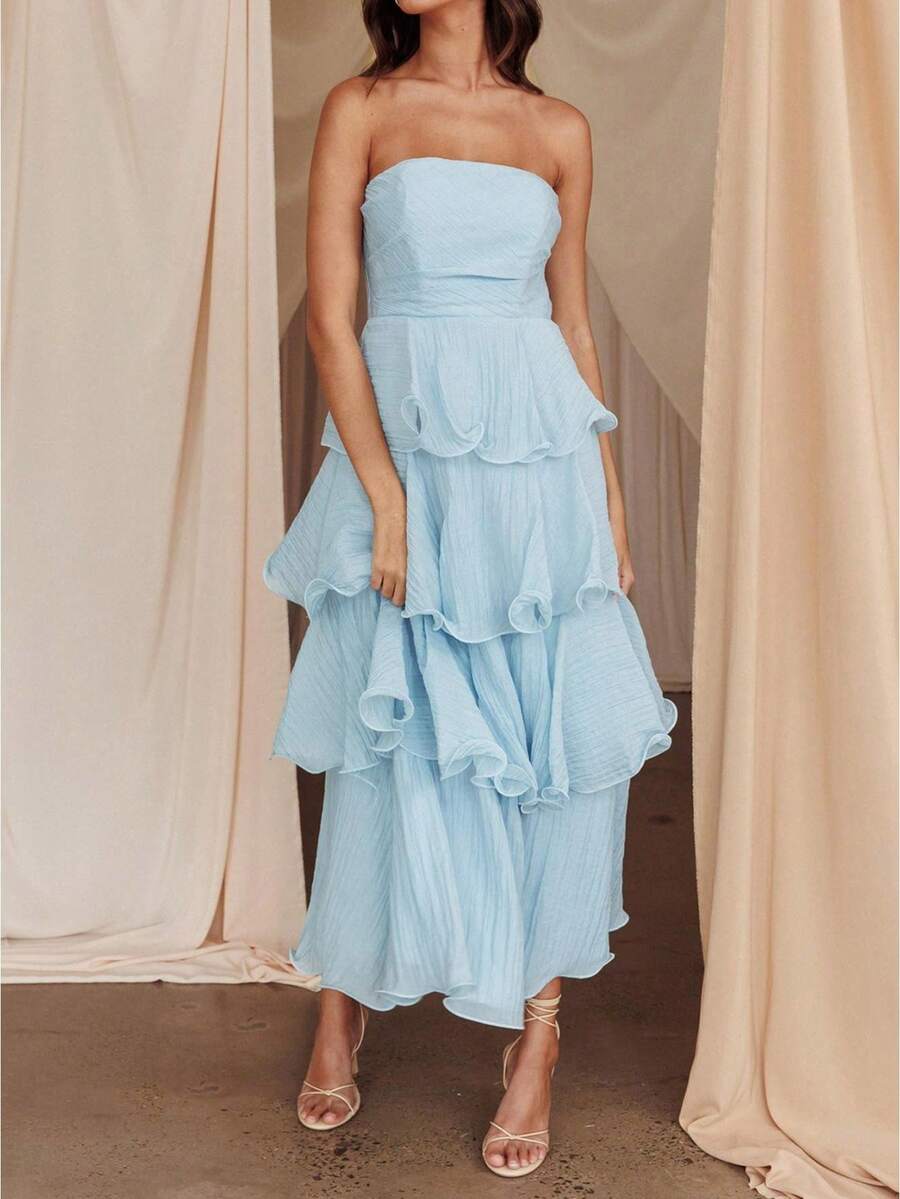 Ruffled Tube Top Long Dress For Women Summer Solid Color Backless Strapless Sleeveless Tiered Cake Dress Fourth Of July Outfit Women - 藍色 - 查看 1