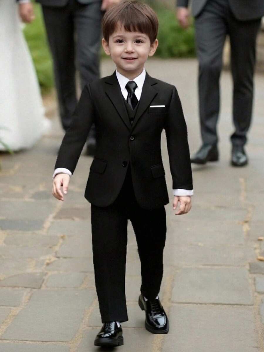 男童西装五件套幼儿燕尾服礼服结婚礼服婚礼西装背心裤子衬衫领带儿童黑色尺码3-10岁
