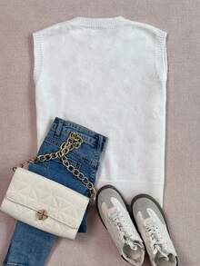 Women's Casual Crew Neck Sleeveless Heart Pattern Knit Pullover Sweater, Versatile For Spring, Summer, Autumn - White - View 5