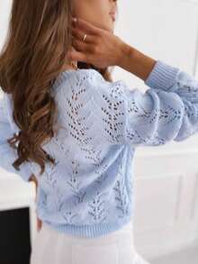 Women Regular Fit Long Sleeve Knitwear Pullover Sweater With Hollow Out Details And V Neckline