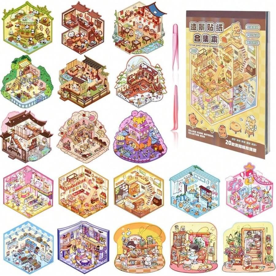 20 Escena de Pegatinas en Miniatura 3D, Calcomanías de Casa con 2 Pinzas, stickers para niños, Calcomanias Divertidas, sticker 3d, Regalos para Adultos y Niños - 1 - Ver 1