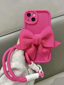 1pc Textured Ladder Frame With Big Bow + Card Holder Lanyard Phone Case Compatible With Apple 17 Pro Max/16 Plus/16 Pro/16/15 Pro Max/15 Plus/15 Pro/15/14 Pro Max/14 Plus/14 Pro/14/13 Pro Max/13 Pro/13/12 Pro Max/12 Pro/12 11 Pro Max/11 Pro/11/XS Max/XR/XS/7#8 Plus/7#8, Shockproof Protective Cover - Rose Red Bow - View 3