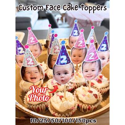 10/25/50/100/150 piezas Decoraciones personalizadas para tartas - Palillos para cupcakes con fotos personalizadas, decoraciones para cupcakes con diferentes fotos personalizadas, decoraciones para tartas de cumpleaños, sombreros de fiesta, decoraciones para cupcakes, fáciles de colocar en tartas - Adecuado para cumpleaños, baby shower, reuniones familiares, tartas festivas - Excelente para el hogar, entusiastas de fiestas DIY, organizadores de eventos - Decoraciones para tartas, decoraciones personalizadas para tartas festivas, adornos para postres, artículos de fiesta. ,Para la familia
