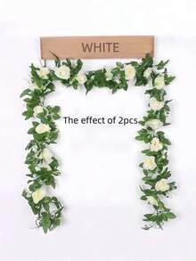 2 件装人造悬挂玫瑰花藤，春季婚礼花环，情人节装饰，仿丝绸玫瑰常春藤带绿叶，适用于家居、墙面、卧室、花园、派对餐桌中心装饰，室内外皆宜