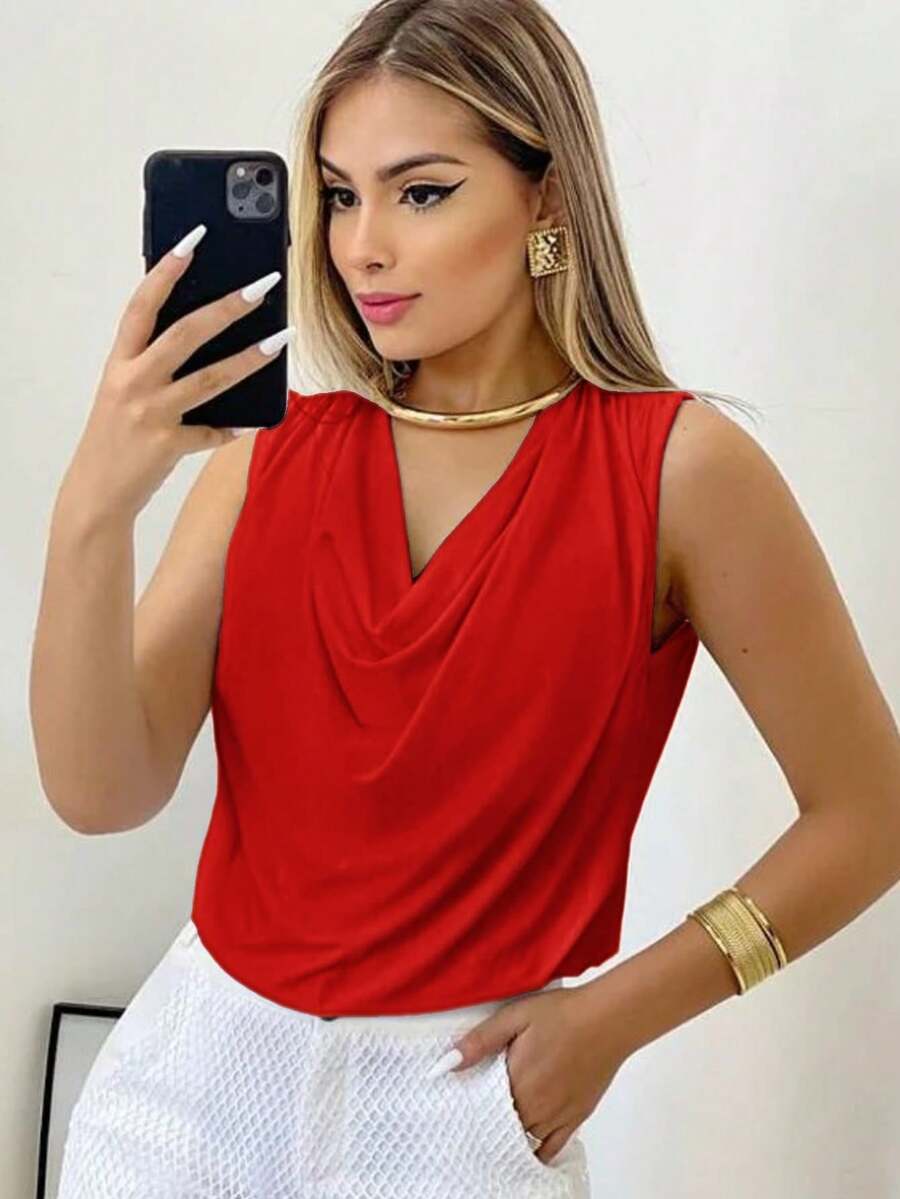 Women's Tank Top In Supplex Fabric With A Simple Cowl Neck, Perfect For Summer. - Vermelho Claro - View 1
