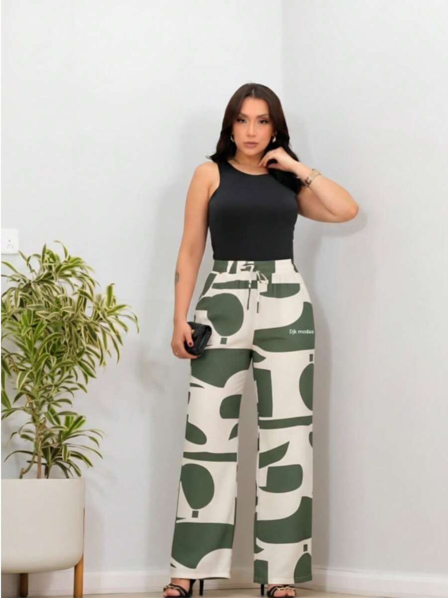 Wide-Leg Pants In DUNA Fabric With Lining, Pockets, And Elasticated Waist. - Abstract Green - View 1