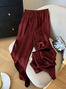 Women's Autumn/Winter Textured Elastic Waist Tie Casual Wide Leg Pants - Burgundy - View 1