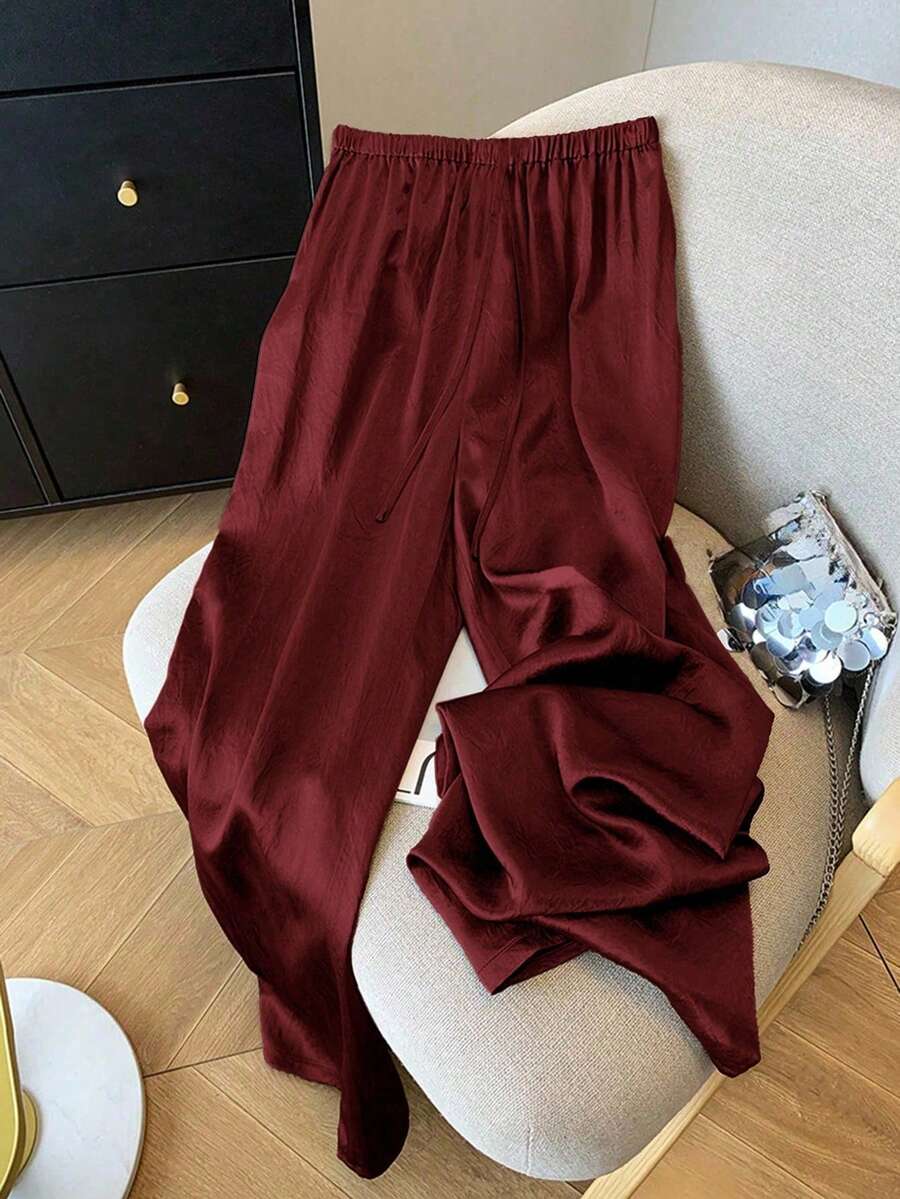 Women's Autumn/Winter Textured Elastic Waist Tie Casual Wide Leg Pants - Burgundy - View 1