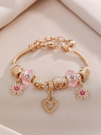 1件装时尚心形花朵串珠手链，可爱云朵双心设计，适合青少年