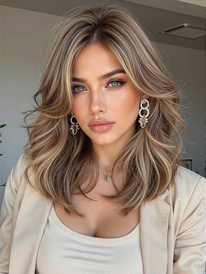 Peluca de cabello sintético marrón con reflejos rubios de 16 pulgadas de largo con rizado elegante, resistente al calor para uso diario, fiestas, vacaciones y festivales de música, ideal para mujeres