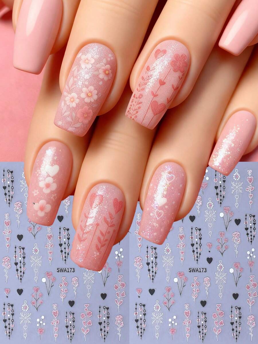 2 Sheets 3D Valentine's Day Sweet Romantic Floral & Heart Nail Art Stickers -Shinng Pink Flowers, Hearts, Black/White Heart & Floral Patterns Designs Nail Art Decals For Women DIY Holiday Nail Decoration - Pink - View 1