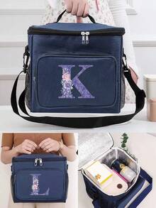 保温午餐盒袋单肩帆布袋热午餐盒首字母名称 A 到 Z 紫色字母花朵印花大容量手提包女士便携式工作食品储存手提包办公室冷藏箱学校野餐露营旅行午餐袋午餐袋女士教师返校冷藏袋教室便当厨房保温午餐袋女士女士学校用品配件学校包学校配件学校用品 - 藍色 - 查看 4