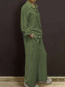 Plus Size Casual Polo Collar Cardigan, Solid Color Elegant Blouse Top, Paired With Soft Elastic Waist Loose Pants, Two Pieces Set, Suitable For Holiday, Commute, Spring/Summer/Autumn