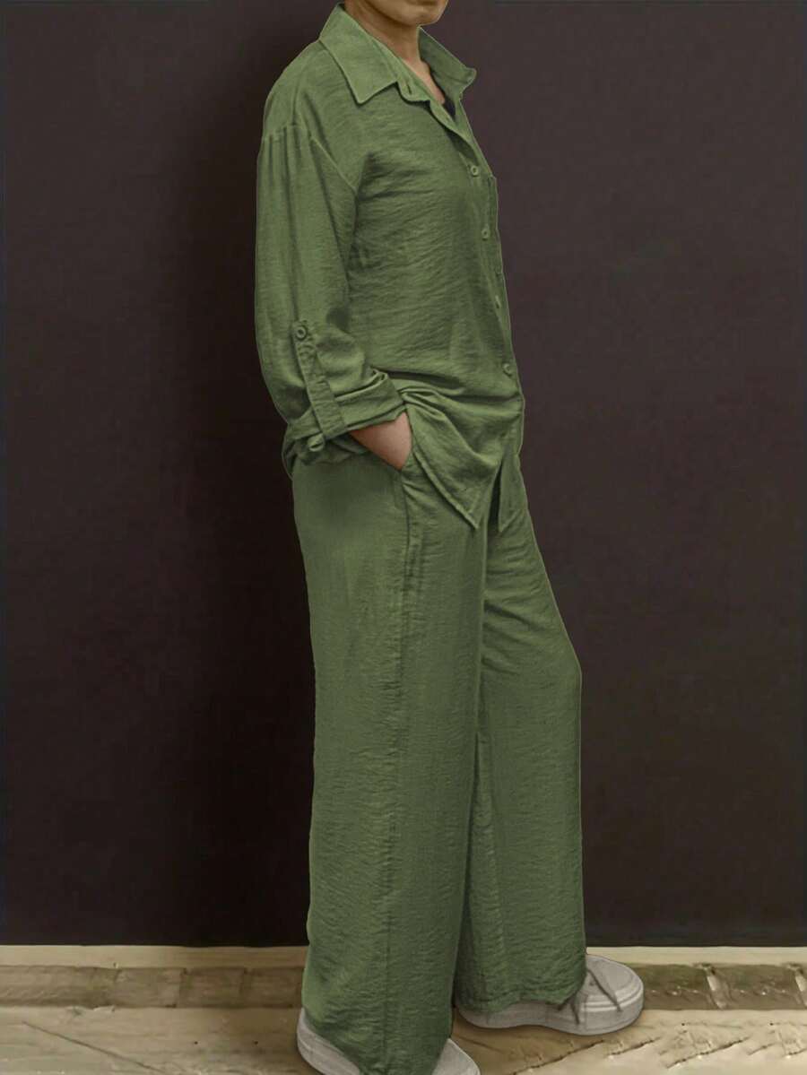 Plus Size Casual Polo Collar Cardigan, Solid Color Elegant Blouse Top, Paired With Soft Elastic Waist Loose Pants, Two Pieces Set, Suitable For Holiday, Commute, Spring/Summer/Autumn