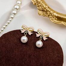Bow Earrings For Women  Sparkly Rhinestone Chain Tassel Earrings Cute Ribbon Stud Earring Daily Party Jewerly Gifts Christmas Stocking Stuffers - C2: Pink Bow Pearl Earrings Gol - View 4