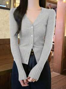 Women's Slim-Fit Gray Ribbed Knit Cardigan | V-Neck Button-Front Layering Top For Christmas Parties, Date Nights & Office Commutes - Light Gray - View 5