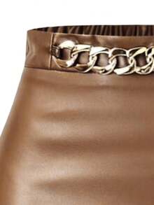女士金色链条装饰PU皮裙，修身剪裁，成熟办公室风格，日常通勤，凸显腰臀曲线，适合万圣节、秋冬季节、教师节等场合，百搭实用。 - 棕色 - 查看 4