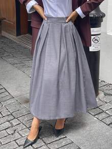 PoPoHouse女装半身裙秋冬气质优雅简约通勤高腰A字中长款裙子 - 灰色 - 查看 5