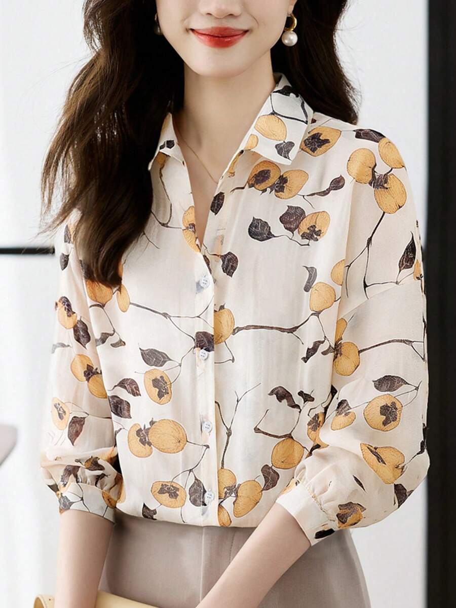 女款花卉印花落肩休閒單排扣長袖襯衫,優雅女士上衣,春夏服飾,夏季上衣 - 彩色 - 查看 1