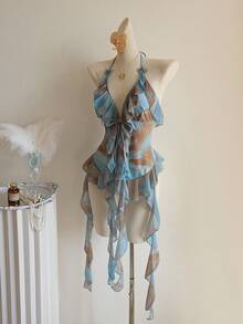 Women's Summer Random Print Ruffle Tie Front Triangle Bikini Top - Multicolor - View 4