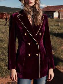 Women's Retro Elegant Design Striped Gold Trim Metal Button Jacket - Burgundy - View 2