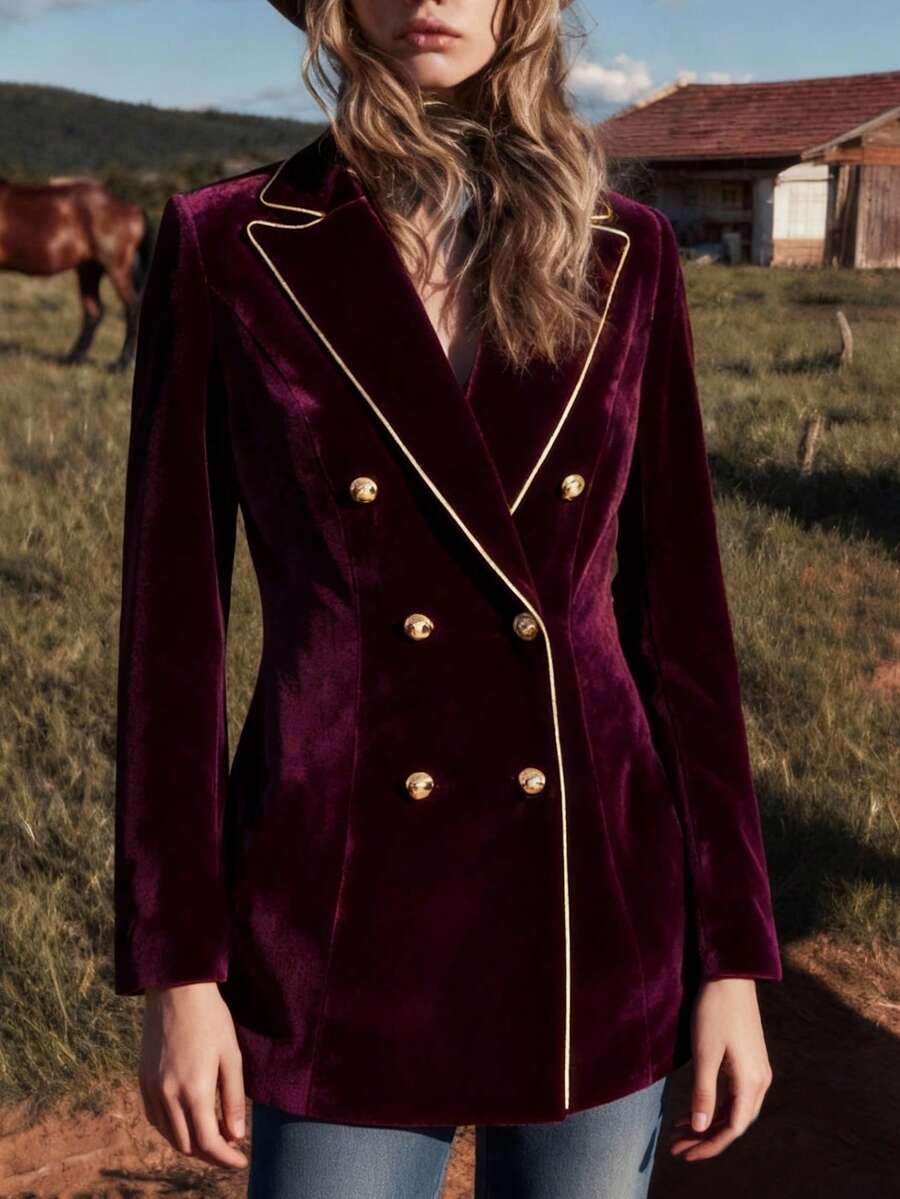 Women's Retro Elegant Design Striped Gold Trim Metal Button Jacket