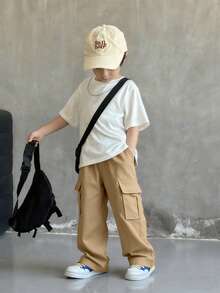 1pc Young BoyAll-Match Solid Color Comfortable Simple Versatile Cargo Pants - Khaki - View 3