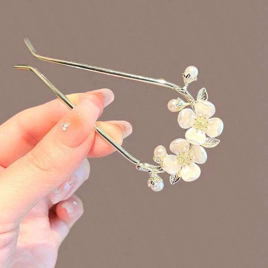 1pc New Camellia U-Shaped Hairpin For Women, Vintage Style High-End Metal Hair Stick For Updo, Headwear Accessory Boho,Gold Head Piece Valentine's Day Hair Bun Hair Bun Maker Bun Hair Piece Hair Styling Pins, School Stuff, Hair Accessories - 金色 - 查看 1