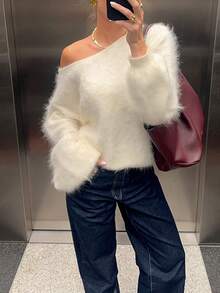 Women's Plush Mohair Blend Sweater  White Dusty Pink Off Shoulder Fall Winter Pullover  Soft Dropped Shoulder Knit Top For Cool Weather And Everyday Coziness - 白色 - 查看 2