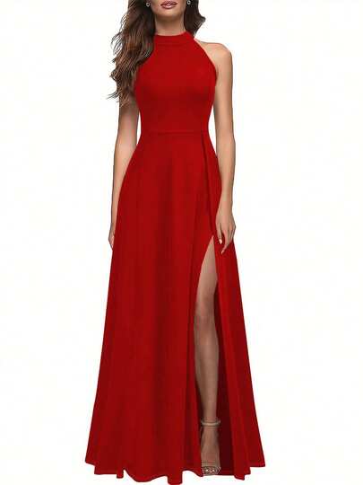 Elegant Solid Color High Slit Zipper Backless Wedding Dress