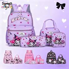 Sanrio 四件套 - 三丽鸥库洛米和美乐蒂时尚背包、铅笔盒、零钱包和午餐盒套装，可爱卡通印花，手提袋、背包、铅笔盒、零钱包，可爱的紫色和粉色套装，涤纶内衬，可爱动物印花，拉链封口，可手洗，休闲校园风女款
