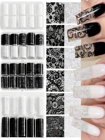 10 Rolls Elegant Black & White Lace Floral Nail Transfer Foil Stickers, 2.5*50cm Nail Art Transfer Foil Starry Sky Decals For DIY Manicure Decoration,Nail Art Supplies DIY Nail Decoration Accessories Tools