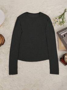 Y2K 女士透视T恤，夏季弹力长袖圆领修身性感沙滩露脐上衣 - 黑色 - 查看 7