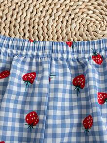 2pcs/Set Girls Casual Strawberry Print Round Neck Short Sleeve T-Shirt And Long Pants Outfit, Summer - Blue - View 6